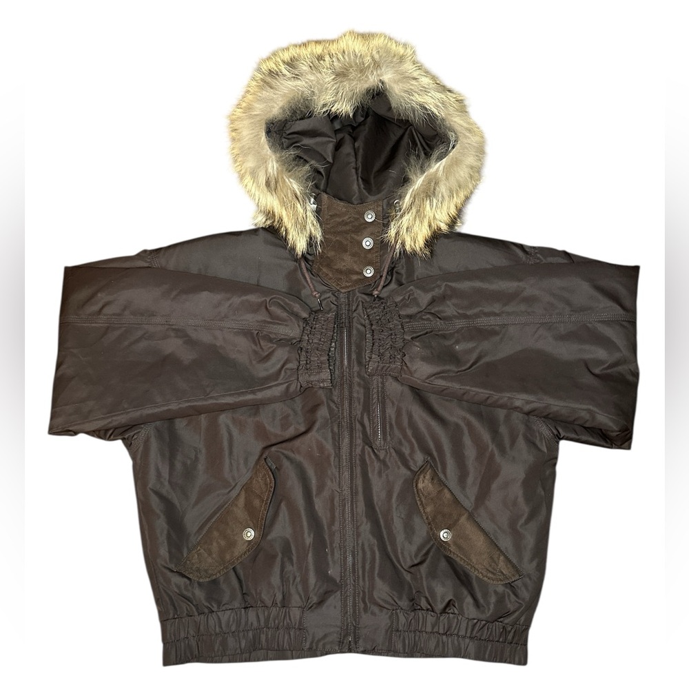 Vintage Metropolis Coyote Fur Hood Bomber Ski Jacket Y2K Grunge Lined Brown 8